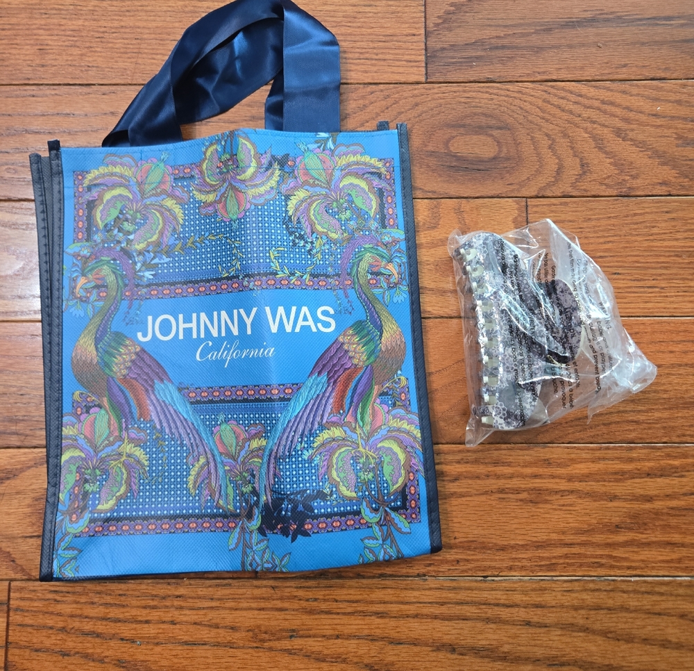Johnny Was Blue Peacock Print Reusable Tote & HAIR CLIP